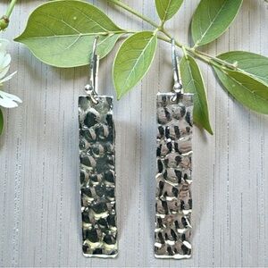 Sterling Silver Hammered Rectangular‎ Dangle Pierced Earrings